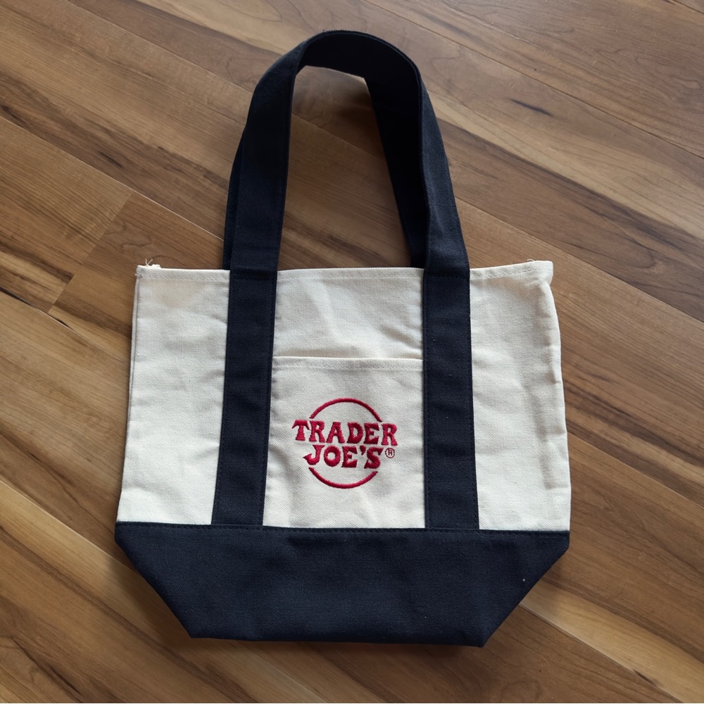 NWOT Trader Joe's Mini Canvas Tote Bag - Cream with Navy Blue Trim